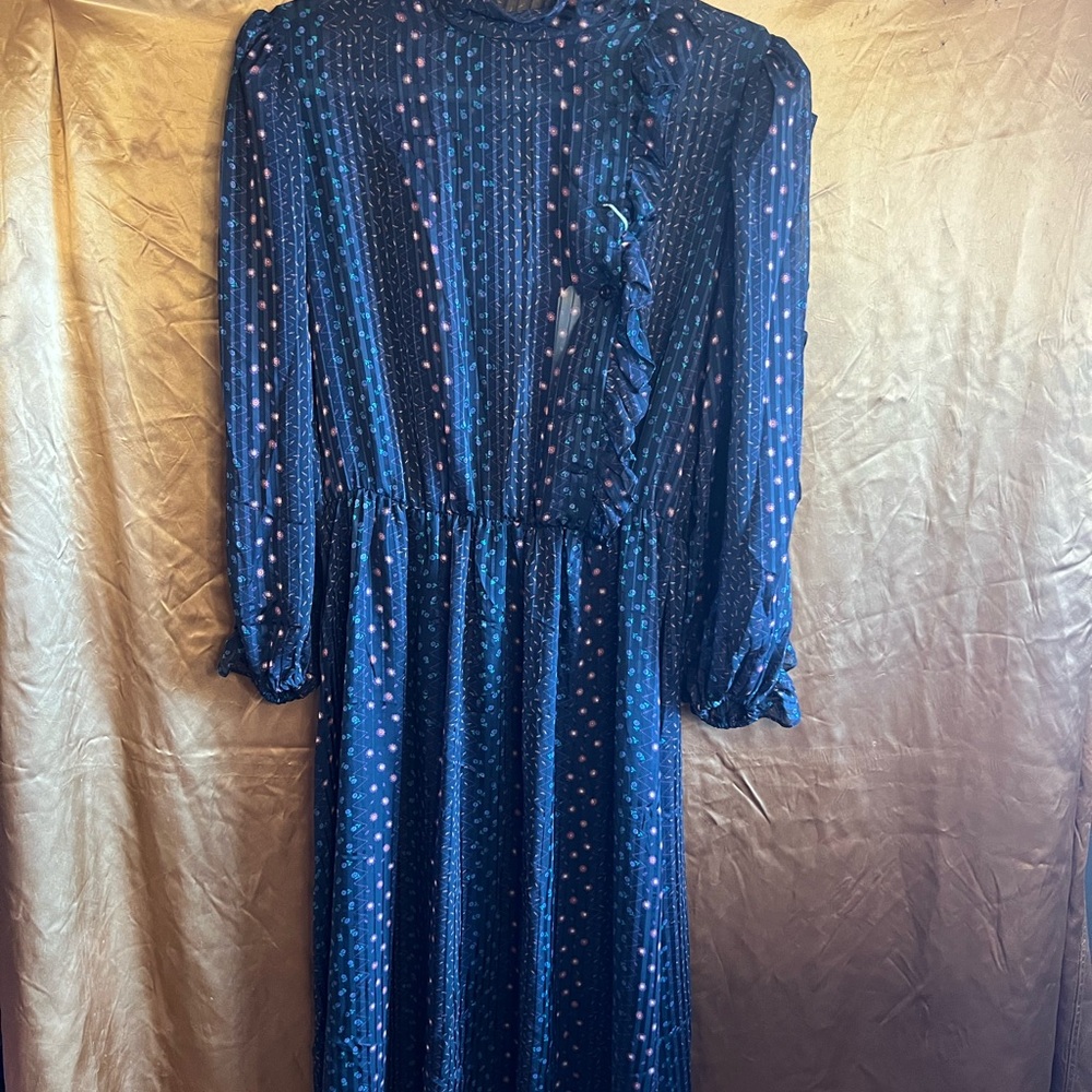 Vintage Sheer Printed Chiffon High Necked MIDI Dress 1980s Amazzzing!